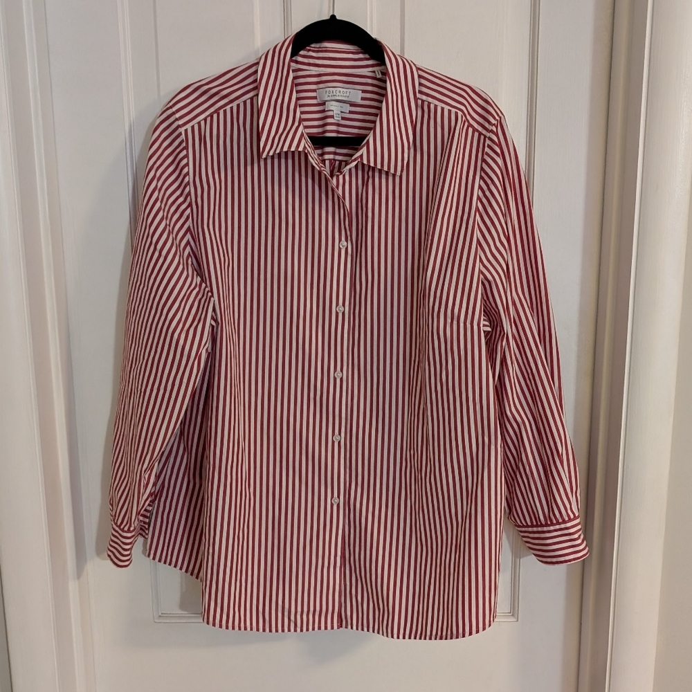 Foxcroft Striped Button Up Top SIZE 22W Office Long Sleeve Wrinkle Free Red Whit